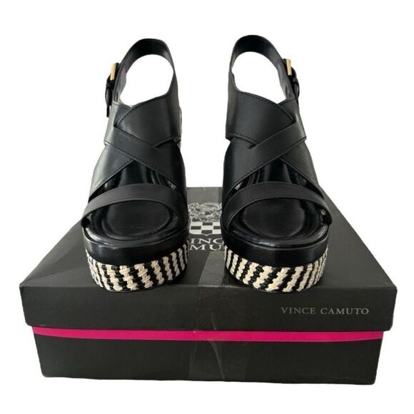 Vince Camuto Diliah Black Tweed Checkered Wedge Platform Sandals Size 9 New - Picture 5 of 12